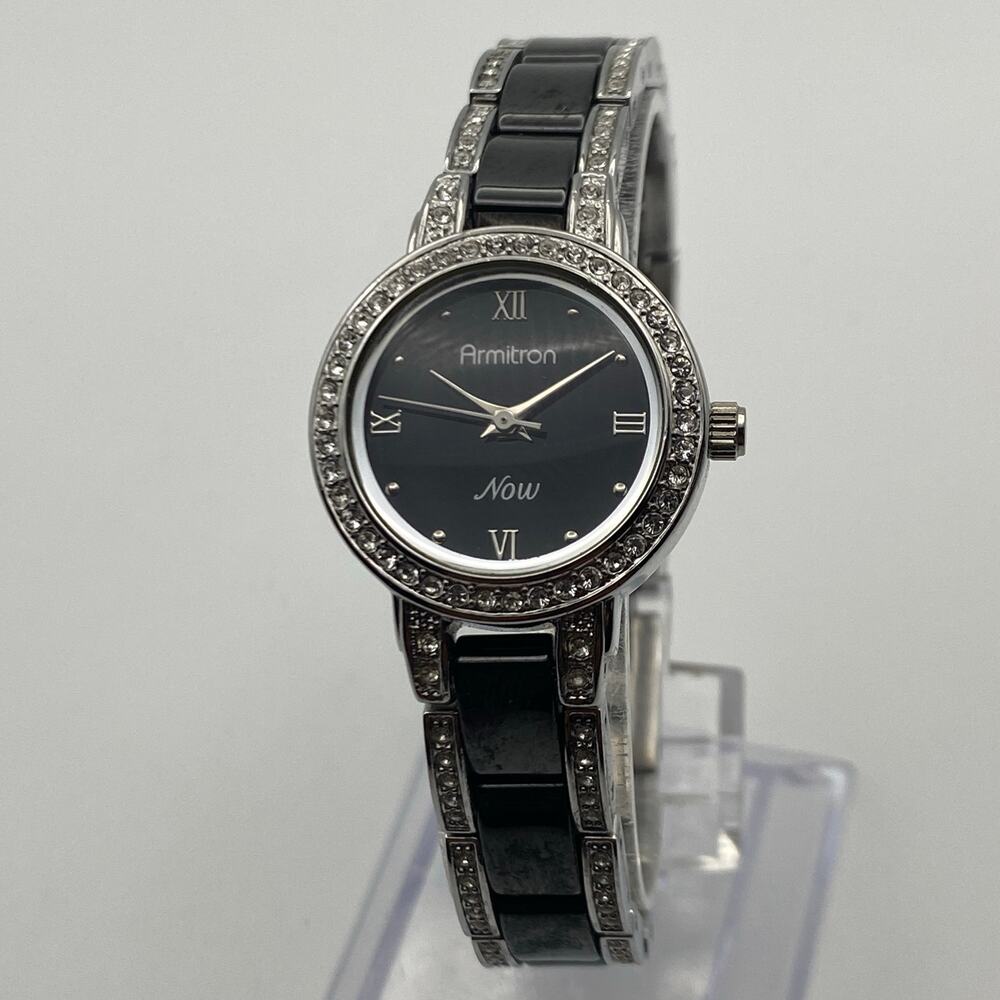 Elegant Ladies Armitron Now Crystal Silver Black Watch Working New Battery
